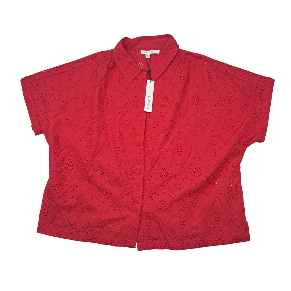 NWT Chico's Embroidered Eyelet Button Up Top Womens 3 XL Red Short Sleeve Boxy‎